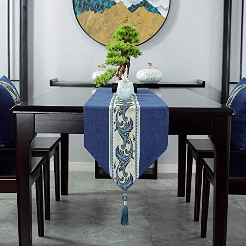 Table Runner 200CM, Tischläufer Geburtstag Mann Blau 33CM Klassische Elegante Stickerei Baumwolle Tischdeko Wohnzimmer Küche Hochzeiten von Stfery