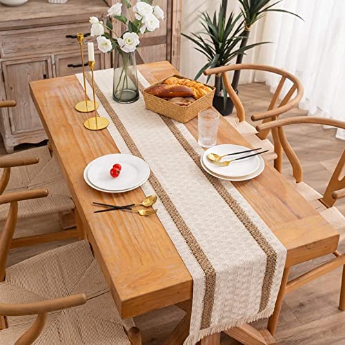 Tischläufer Beige 200CM, Tischläufer Geburtstag Mann 30CM Geflochtener Streifen 2 Hanf Polyester Table Runner Tischdeko Wohnzimmer Küche von Stfery