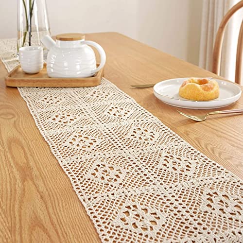 Tischläufer Hochzeit Boho, Tischläufer Beige Creme 24x100CM Spitze Kariert Gehäkelt Baumwolle Table Runner Tischdeko Wohnzimmer Küche von Stfery