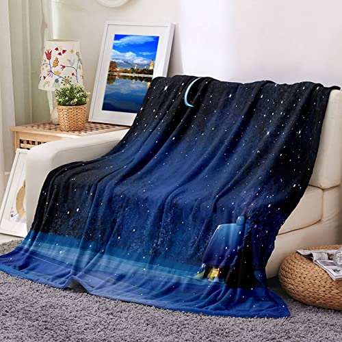 Wohndecke mit Motiv, Kuscheldecke 150x200 Blau Flanell Schneehaus Sterne Mond Flanelldecke Blanket Weich Warm Sofa Bett Geschenk von Stfery