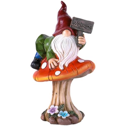 Stgbcst Dekorative Gartenzwerg Figur auf Pilz aus Kunstharz – Niedliches Willkommensschild für Haus & Garten, 10.5 * 8 * 17.5cm – Perfekte Deko für Zwergenliebhaber (Pilz-Willkommensschild) von Stgbcst