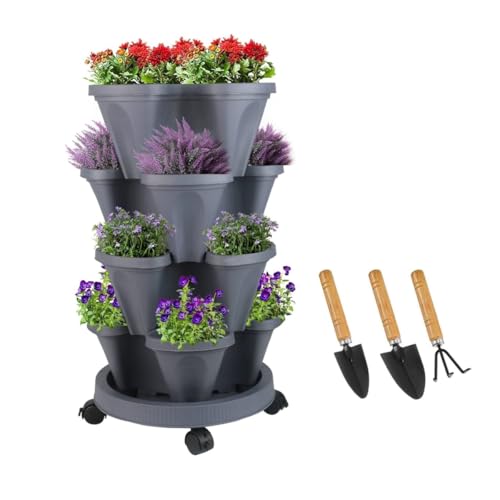 Sthrucrack Stapelbarer Pflanztopf, vertikaler Turmgarten, vertikales Pflanztopf-Set für Erdbeeren, Kräuter, Blumen (Dunkelgrau, 4-stöckig) von Sthrucrack