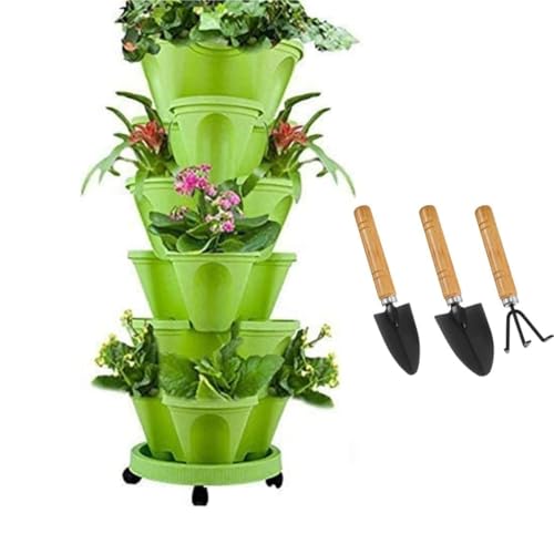 Sthrucrack Stapelbarer Pflanztopf, vertikaler Turmgarten, vertikales Pflanztopf-Set für Erdbeeren, Kräuter, Blumen (Grün, 6-stöckig) von Sthrucrack