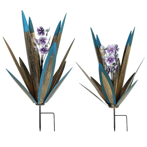2pcs Metall Agave Pflanzen Outdoor Dekor 19 ＆ 16 in Garten Metall Agave Solar 7 Farben Auto Leuchten wasserdichte Pflanzen Skulptur mit Stakes Hof Art Rasendekoration von Stibzeup