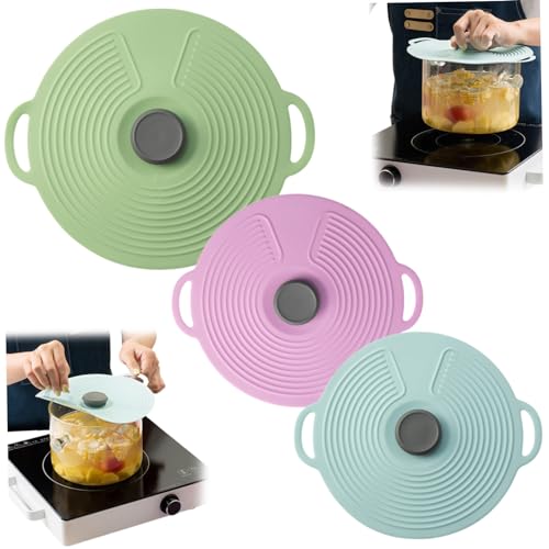 3pcs wiederverwendbare Silikontopfdeckel mit Griff, Saugdichtungsschüssel mit Lebensmittelqualität 12.4/9.1/7, 9 Zoll für Pots Cups von Stibzeup