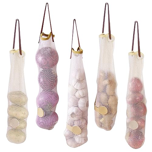5pcs Hängende Netz Zwiebel -Aufbewahrungstaschen, wiederverwendbare Produktbeutel für Knoblauchkartoffeln Obstgemüse von Stibzeup