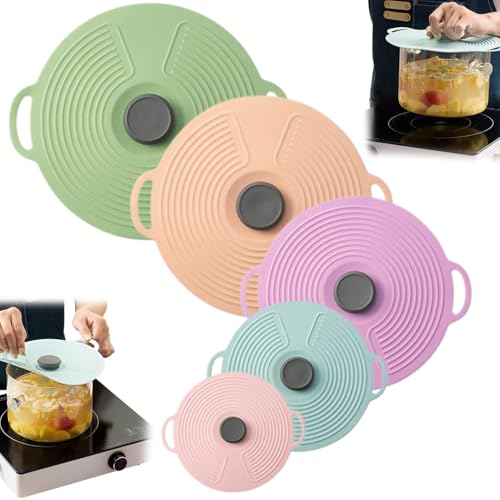 5pcs wiederverwendbare Silikontopfdeckel mit Griff, Saugdichtungsschüssel mit Lebensmittelqualität 12.4/11/9.1/7.9/6 Zoll für Pots Cups von Stibzeup