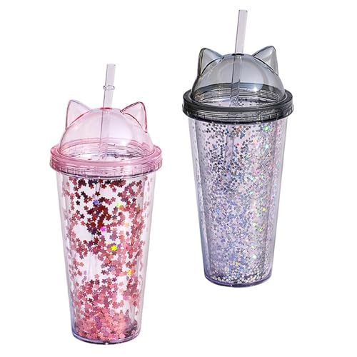 Katzenohrwasserflasche 2pcs 400-500 ml Doppelschicht Strohbecher Glitzer grau von Stibzeup