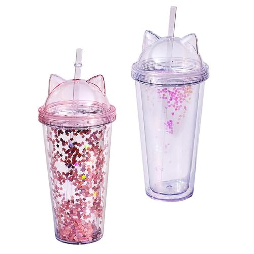 Katzenohrwasserflasche 2pcs 400-500 ml Doppelschicht Strohbecher Glitzer transparent von Stibzeup