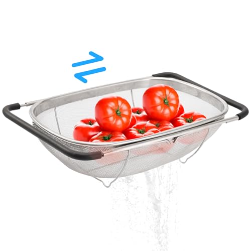 Über dem Waschbecken Colander Sieb Korb, großes, erweiterbares feinem Mesh Edelstahl mit Gummigriff für Nudelgemüse von Stibzeup