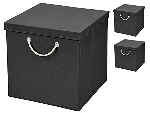 Stick&Shine 3er Set Schwarz Faltbox 30 x 30 x 30 cm Aufbewahrungsbox faltbar mit Kordel und mit Deckel von Stick&Shine