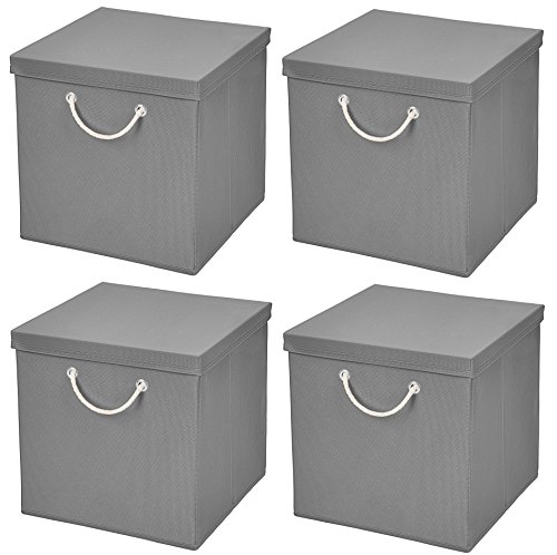 Stick&Shine 4er Set Hellgrau Faltbox 30 x 30 x 30 cm Aufbewahrungsbox faltbar mit Kordel und mit Deckel von Stick&Shine