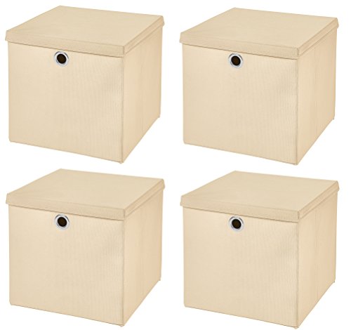 Stick&Shine 4X Aufbewahrungs Korb Creme Faltbox 32 x 32 x 32 cm Regalkorb faltbar mit Deckel von Stick&Shine
