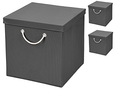 Stick&Shine 3er Set Dunkelgrau Faltbox 30 x 30 x 30 cm Aufbewahrungsbox faltbar mit Kordel und mit Deckel von Stick&Shine