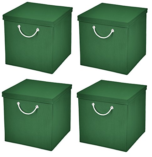 Stick&Shine 4er Set Dunkelgrün Faltbox 30 x 30 x 30 cm Aufbewahrungsbox faltbar mit Kordel und mit Deckel von Stick&Shine