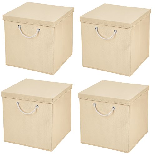 Stick&Shine 4x Aufbewahrungs Korb Creme Faltbox 30 x 30 x 30 cm Regalkorb faltbar mit Kordel und mit Deckel von Stick&Shine
