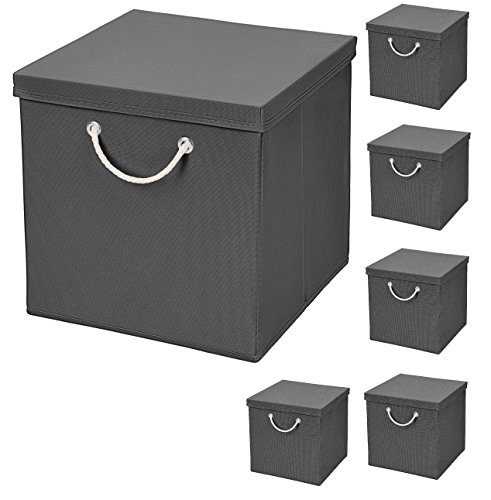 Stick&Shine 6er Set Dunkelgrau Faltbox 30 x 30 x 30 cm Aufbewahrungsbox faltbar mit Kordel und mit Deckel von Stick&Shine