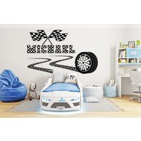 Großer Wunschname Rennauto Reifen Kariert Flaggen Wandtattoo Rad F1 Aufkleber Personalisierte Flagge Vinyl Wandsticker Jungenzimmer 401Ez von StickOshop