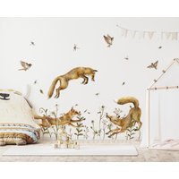 Aquarell Fuchs Wandtattoos - Waldtiere Wandbild Babyzimmer Deko Füchse Auf Der Wiese von StickStickerStick