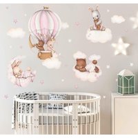 Kinderzimmer Tiere Mit Heißluftballon Wandtattoos-Aquarell Rosa Häschen-Kinderzimmer-Dekor-Häschen-Wand-Dekor-Teddybär Wandsticker von StickStickerStick