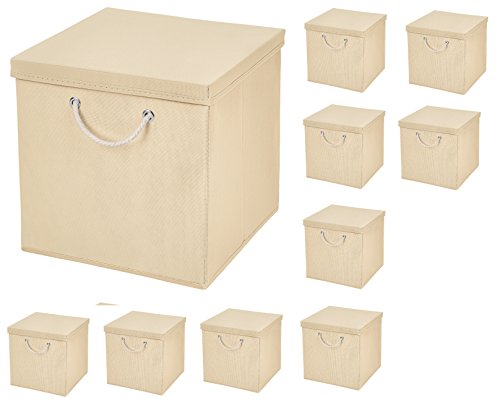 StickandShine 10er Set Creme Faltbox 30 x 30 x 30 cm Aufbewahrungsbox faltbar mit Kordel und mit Deckel von StickandShine