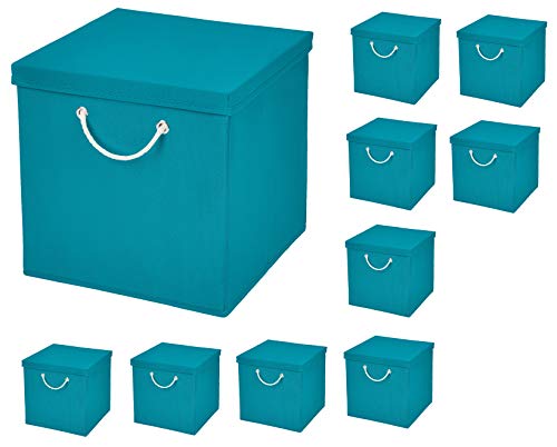 StickandShine 10er Set Türkis Faltbox 30 x 30 x 30 cm Aufbewahrungsbox faltbar mit Kordel und mit Deckel von StickandShine