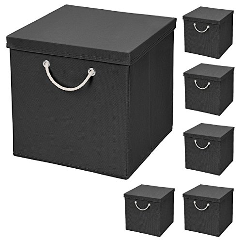 StickandShine 6er Set Schwarz Faltbox 30 x 30 x 30 cm Aufbewahrungsbox faltbar mit Kordel und mit Deckel von StickandShine