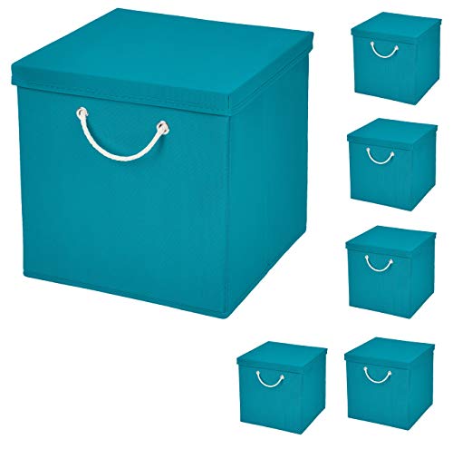 StickandShine 6er Set Türkis Faltbox 30 x 30 x 30 cm Aufbewahrungsbox faltbar mit Kordel und mit Deckel von StickandShine
