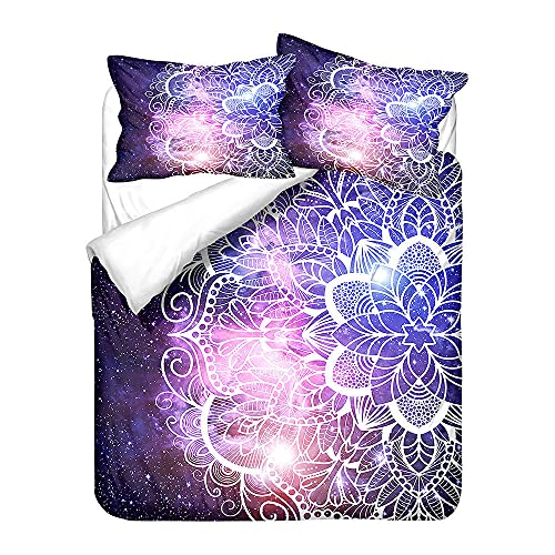 3D Bohemian Bettbezug Set Herren Damen Schwarz-Weiß Lila Galaxy Mandala Blumen Bettwäsche Set 2/3 Stück Mikrofaser Polyester Einzel Doppel Bettbezüge Kissenbezug 80x80 cm (Violett, 155 x 220 cm) von Sticker Superb.