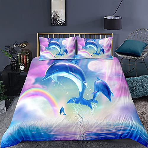 3D Delphin Ozean Fisch Bettbezug Kissenbezug für Mädchen Jungen Regenbogen Sonnenaufgang Abend Landschaft Springen Delphin Muster Bettwäsche Set Unterwasserwelt Korallen Quilt (Bunt 1,135_x_200_cm) von Sticker Superb.