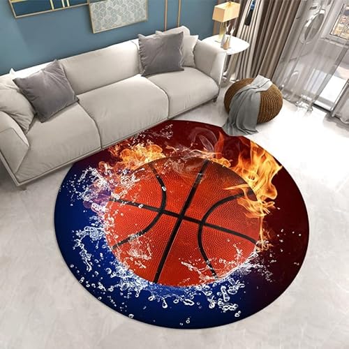 3D Flamme Basketball Runder Teppich Wohnzimmer Moderner Stil Bodenmatte Schlafzimmer Flanell Carpet Badezimmer Anti-Rutsch-Matte Computer Stuhlmatte Wasser Feuer Ball Rug (Farbe 2,120cm) von Sticker Superb.