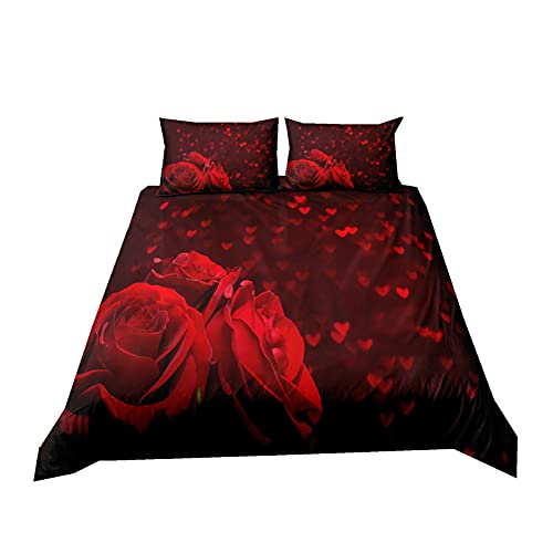 3D Herz Thema Bettwäsche Set Rot Lila Schwarz Rose Blume Mädchen Frau Paar Romantische Bettbezug Weiche Bequeme Schlafzimmer Bettbezug und Kissenbezug, Polyester (Multicolor 2, 220 x 240 cm) von Sticker Superb