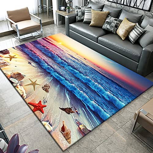 3D Ozean Strand Landschaft Teppich Wohnzimmer Schlafzimmer Dekor Flanell Kinder Spielmatte Küche Korridor Essbereich Teppich Sunset Blue Wave Beach Seestern Shell Conch Muster (Farbe 1,120x180 cm) von Sticker Superb.