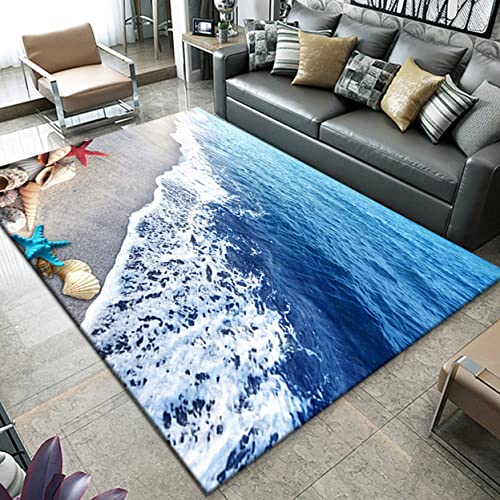 3D Ozean Strand Landschaft Teppich Wohnzimmer Schlafzimmer Dekor Flanell Kinder Spielmatte Küche Korridor Essbereich Teppich Sunset Blue Wave Beach Seestern Shell Conch Muster (Farbe 2,120x160 cm) von Sticker Superb.