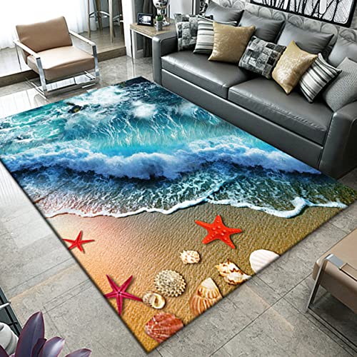 3D Ozean Strand Landschaft Teppich Wohnzimmer Schlafzimmer Dekor Flanell Kinder Spielmatte Küche Korridor Essbereich Teppich Sunset Blue Wave Beach Seestern Shell Conch Muster (Farbe 3,140x200 cm) von Sticker Superb.