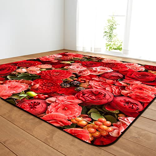 3D Rosen Blumen Druck Flanell Teppiche für Wohnzimmer Schlafzimmer Rosa Rot Hochzeit Area Rug Mädchenzimmer Dekor Teppich Anti Rutsch Bodenmatte Paar Überraschungs Geschenk (Rot 4,80x120 cm) von Sticker Superb.