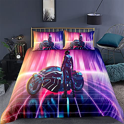 3D Schwarz Lila Fantasy Motorrad Racing Thema Bettwäsche Set Jungen Männer Jugend Motorräder Abheben Sprungmuster, Mikrofaser Polyester Quilt Bettbezug Kissenbezug (Motorrad 4, 135 x 200 cm) von Sticker Superb