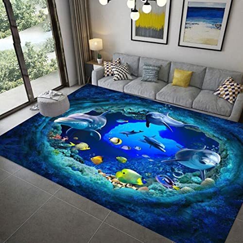 3D Weißer Tiger Delfin Rose Muster Moderner Wohnzimmer Schlafzimmer Dekor Teppich Weicher Flanell Kinderzimmer Spielteppich Küche Korridor Nachttisch Matte Fußmatte (Marine,100x150 cm) von Sticker Superb.