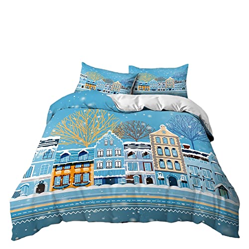 Baum Schnee Haus Bettwäsche Set Mädchen Junge Mikrofaser 2/3 Teilig Bettbezug mit Reißverschluss Blau Bettbezug und Kissenbezug Nicht-Eisen Für Mann und Frau Leicht (Blau B,135 x 200 cm) von Sticker Superb.