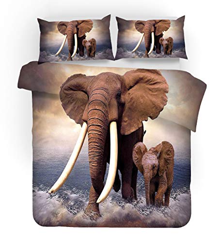 Bettwäsche-Set 2/3 Stück 3D Elefanten Muster Single Double King Size Trösterabdeckung Geschützte Wildtiere Bettbezug Mikrofaser Bett-Set für Erwachsene Kinder (Braun, 135 x 200 cm) von Sticker Superb