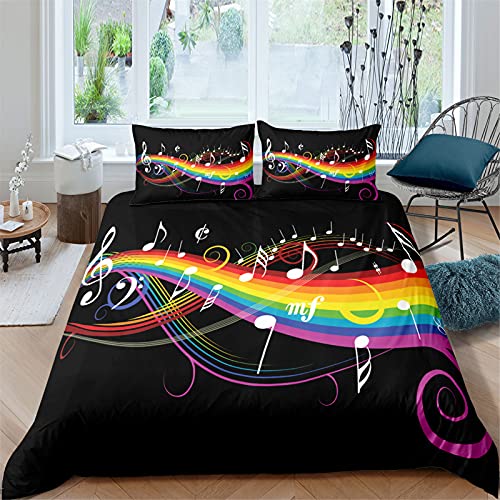 Bettwäsche Set Art Music Zipper Bettbezug Musiknoten Musik Schwarz Lila Regenbogenmuster Mikrofaser Polyester Kinder Erwachsene Bettbezug und Kissenbezug 50x75 cm (Multicolor 2, 135 x 200 cm) von Sticker Superb.