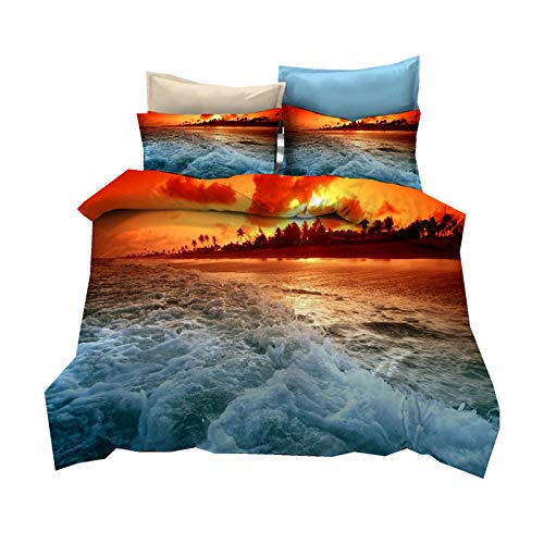 Bettwäsche Set Bay City Beach Palmen Blauer Himmel Weiße Wolken Ozeanwellen Landschaft Sonnenuntergang und Abend Mikrofaser Polyester Bettbezug und Kissenbezug (Mehrfarbig 5, 135 x 200 cm) von Sticker Superb.