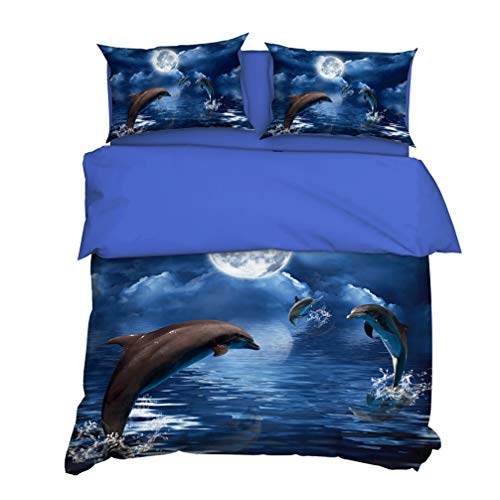 Bettwäsche Set Kinder 3D Blue Sea World Design, Schöne Meerjungfrau Korallen Delfine Conch Schildkröte Seestern, Polyester Bettbezug Und Kissenbezug (Delphin, Double 200x200cm) von Sticker Superb