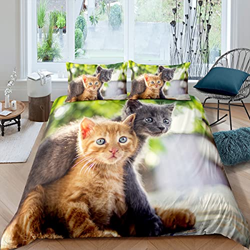 Bettwäsche Set Kinder 3D Tier Bettbezug Katze Haustier Garten Blume Schwarz und Weiß Grau Kätzchen Muster Mikrofaser Polyester Jungen Mädchen Bettbezug und Kissenbezug 50x75 cm (Gelb, 135 x 200 cm) von Sticker Superb.