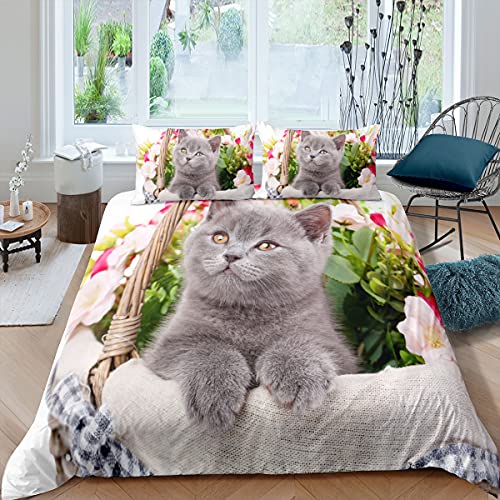 Bettwäsche Set Kinder 3D Tier Bettbezug Katze Haustier Garten Blume Schwarz und Weiß Grau Kätzchen Muster Mikrofaser Polyester Jungen Mädchen Bettbezug und Kissenbezug 50x75 cm (Grau, 135 x 200 cm) von Sticker Superb.