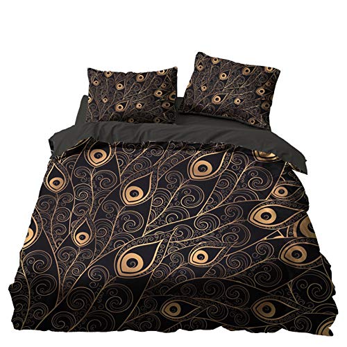 Bettwäsche Set Schwarz Gold Braun Bettbezug für Männer, Zebra gestreifte Ananas Mandala Ethnische Böhmische Blume Pfauenfeder Ripple Print Bettbezug und Kissenbezug (Color 3, 135 x 200 cm) von Sticker Superb.