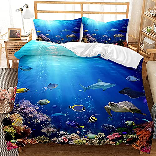 Blau Schwarz Bettwäsche Set Unterwassertiere 3D Landschaft Korallenriff Tropisch Gelb Fisch Schildkrötenhai Haifisch Goldfisch Polyester Bettbezug mit Kissenbezug 80x80 cm (Multi 5, 220 x 240 cm) von Sticker Superb