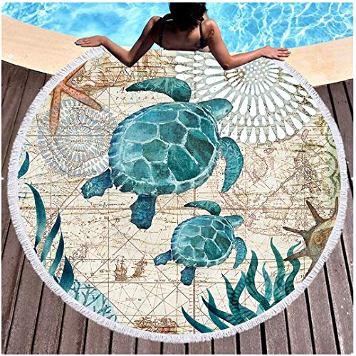 Blau Unterwasser Welt Rundes Strandtuch Badetuch Quaste 60 Zoll Decke Seestern Seetang Hai Schildkröte Tintenfisch Seepferdchen Teppich Tapisserie Wickelrock Saunatuch (Turtle) von Sticker Superb