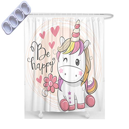 Blumen Einhorn Mädchen Ballon Duschvorhänge Schimmel Beweis Beständig, Duschvorhang mit Plastik Haken, Grau Pferd Tier Duschvorhänge Polyester Wasserdicht (Weiß, 180 x 200cm) von Sticker Superb.