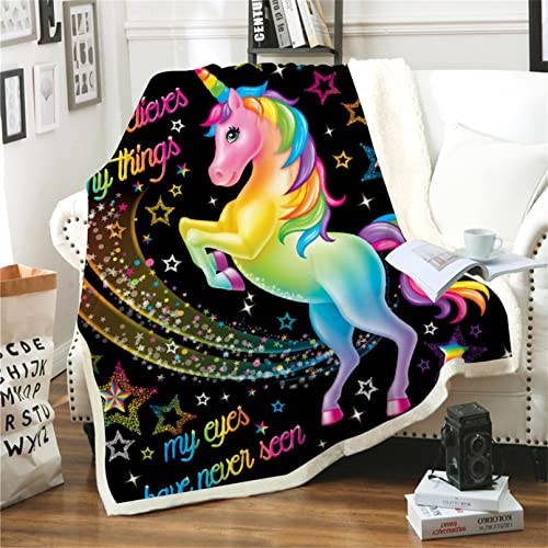 Blumen Regenbogen Einhorn Kuscheldecke Plüsch Flauschige Sherpa Sofa Decke Mädchen Shining Starlight Einhorn Pferd Magie Einhorn Warme Bettdecke Reise Camping Überwürfe (150 x 200 cm, Multi 1) von Sticker Superb.